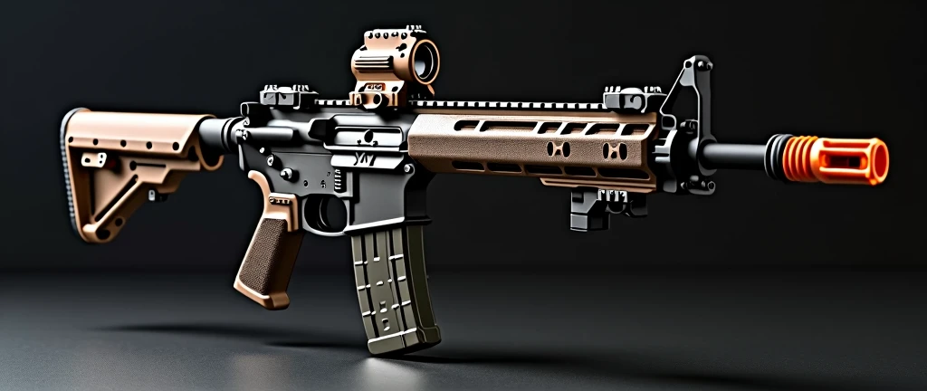 A highly detailed, photorealistic, 8K photograph of a custom-modified modern M4A1 carbine rifle, bronze-colored handguard, LVOA-C style configuration, studio lighting, hyperrealistic, masterful lighting and shading, cinematic composition, intricate textures, premium quality