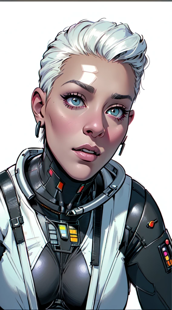 work of art,extremely beautiful woman,excellent sense,neckleace,(((perfect very white background))),American comics,(((The perfect woman))),(speech bubble),stronger,(((A person))),colorfully,rainbow color,highly detailed upper body,breast enlargement,lines,high-detailed face,cyberpunk, implants in the eyes like a cyborg, star trek