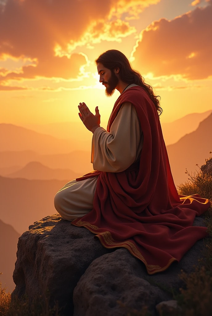 Create a realistic, detailed image of Jesus Christ praying on his knees on a mountaintop. Jesus must have his eyes closed and an expression of deep devotion and peace. He wears traditional clothing with rich details, and his posture should convey humility and reverence. The backdrop in the background is a splendid sunset, with warm, vibrant colors that blend with the sky, creating a serene and majestic atmosphere. The light from the sunset should softly illuminate the figure of Jesus, highlighting his presence and creating a halo of light around him. The surrounding environment should be natural and peaceful, with views of mountains and a sky that reflects the splendor of the evening.