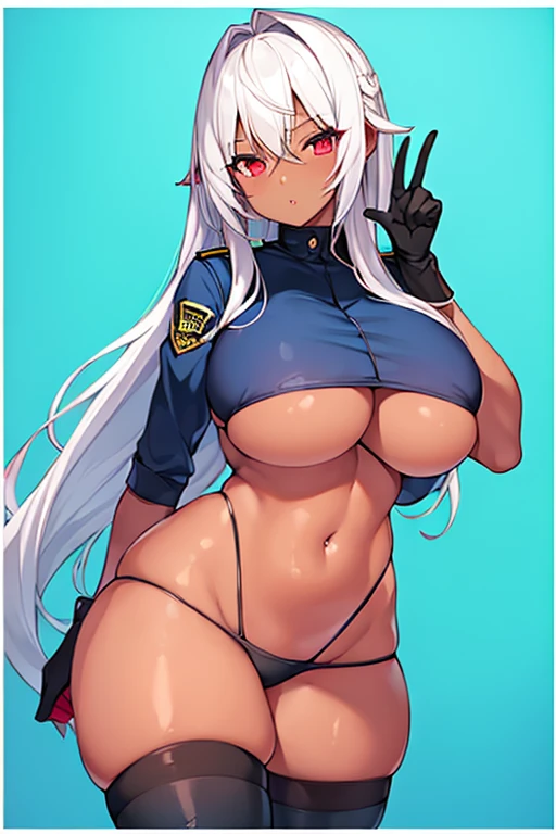 1girl, dark skin, dark-skinned female, red eyes, white hair, long hair, large breasts, thick thighs, underboob, hourglass figure, mature female, thighhighs, police, police uniform, parted lips, bikini, highleg bikini, peace sign, v, gloves, neon trim,
