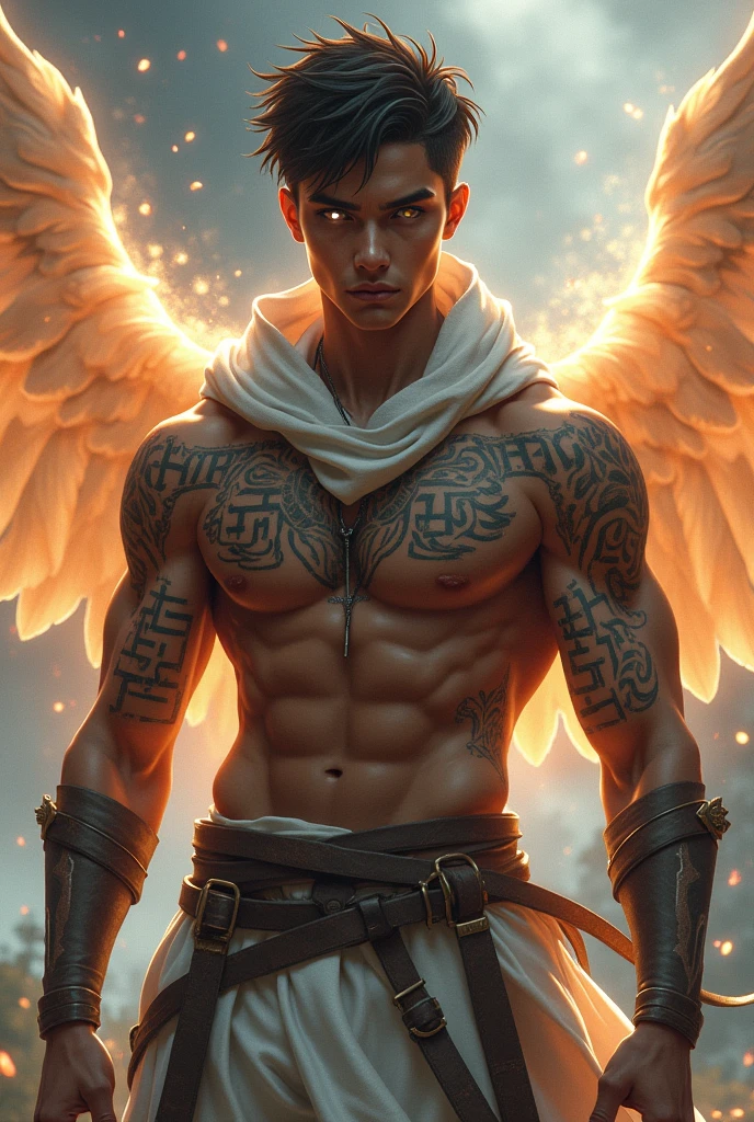 20 year old young manAngelic Warrior and aesthetic armor with a hood and a celestial aura with (Rinnegan White) a penetrating gaze with male fire trail wings, Brown skin with Hebrew tattoos all over half of his body