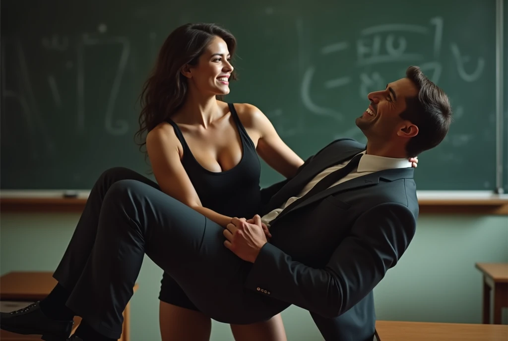 A strong young athletic teenage woman, muscular arms, lifting and carrying an older man in business attire, classroom background, coy smile, sleeveless top, short skirt, photorealistic, 8k, hyperdetailed, dramatic lighting, cinematic composition, powerful, dynamic, chiaroscuro, sophisticated, elegant, masterpiece