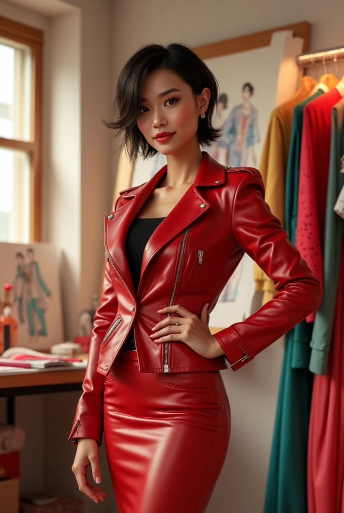 Vanessa Lin, a striking 3 fashion designer, standing confidently in her studio filled with vibrant fabrics and sketches. She has a bold and daring style, reflected in her outfit—a tight red leather jacket paired with a matching pencil skirt that hugs her curves. Her short, stylishly tousled hair frames her sharp features, and her eyes glint with creativity and determination. She stands with one hand on her hip, surveying her latest designs with a satisfied smile. The studio is bathed in warm, natural light, highlighting the colors and textures around her. Hyper-detailed, soft lighting, fashion-forward, 8K.