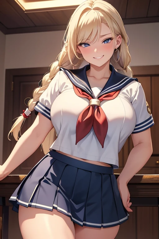 A beautiful blonde woman with three braids and deep red eyes, gazing condescendingly at the viewer with a cute grinning expression, extremely detailed, masterpiece quality, ultra-detailed, HDR, studio lighting, vivid colors, physically-based rendering, thick thighs, exective officer, (((wearing short skirt and sailor uniform))), spread legs, strong wrestler