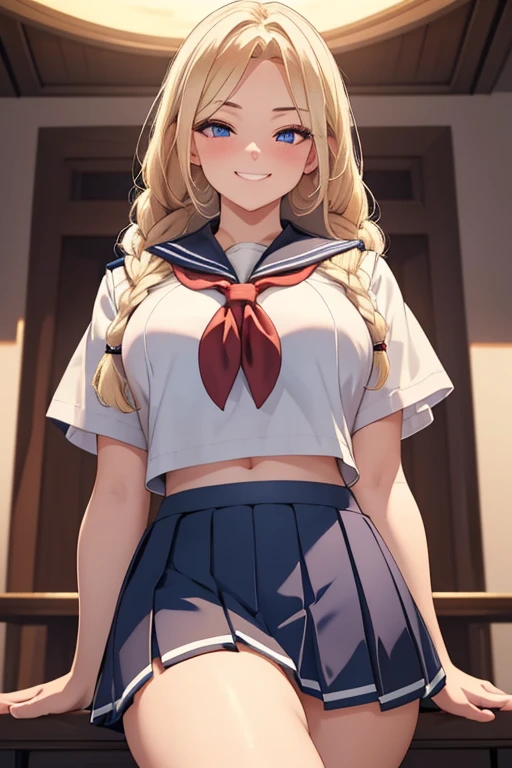 A beautiful blonde woman with three braids and deep red eyes, gazing condescendingly at the viewer with a cute grinning expression, extremely detailed, masterpiece quality, ultra-detailed, HDR, studio lighting, vivid colors, physically-based rendering, thick thighs, exective officer, (((wearing short skirt and sailor uniform))), spread legs, strong wrestler