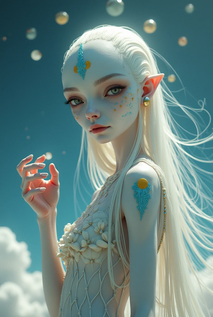 White alien woman, blue and yellow on his skin, daughter of a small pearl that she holds in her hand. This shows her full body half naked with clothes made from an alien tree on a planet with 5 moons