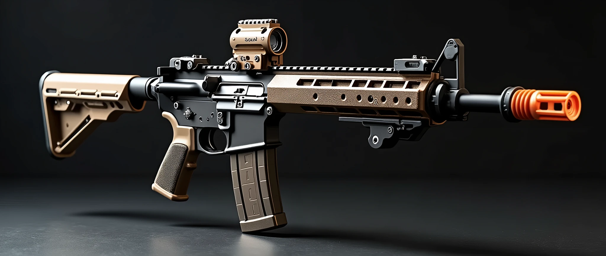 A highly detailed, photorealistic, 8K photograph of a custom-modified modern M4A1 carbine rifle, bronze-colored handguard, LVOA-C style configuration, studio lighting, hyperrealistic, masterful lighting and shading, cinematic composition, intricate textures, premium quality