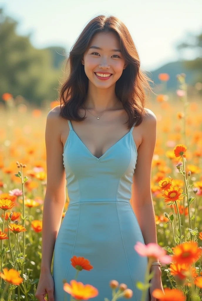 A Korean woman smiling, muscled body, She wears a baby blue dress, flowery field, sunny weather, cute style, medium shot