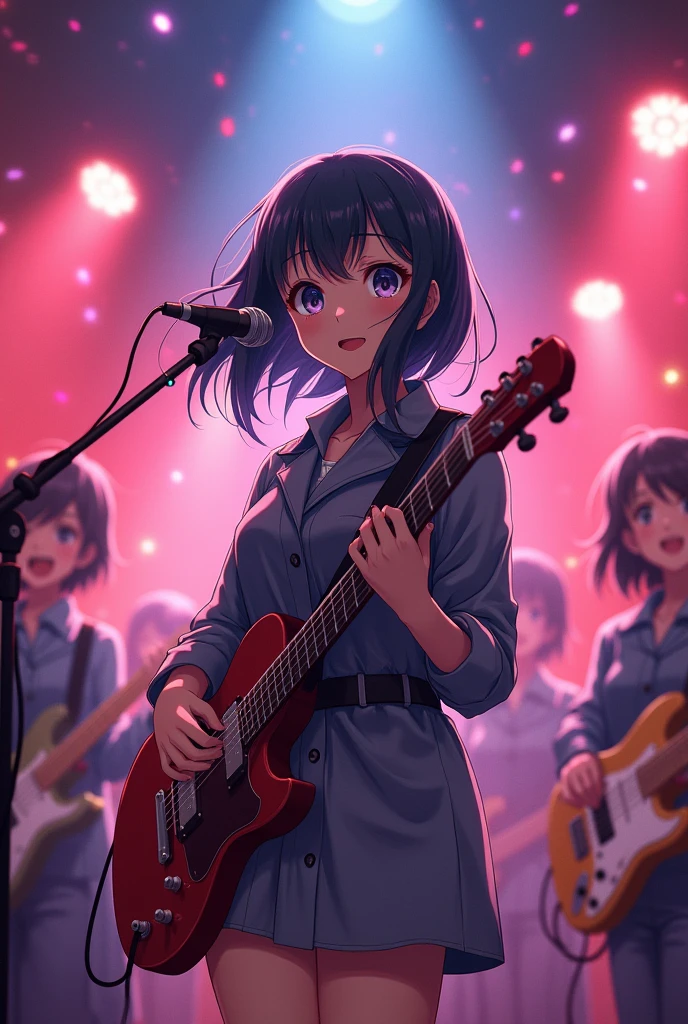 A medium shot of an anime girl leading practice with a guitar while the rest of the band follows her. There is a strong focus on Miyu&#39;s expressiveness and room-filling music..