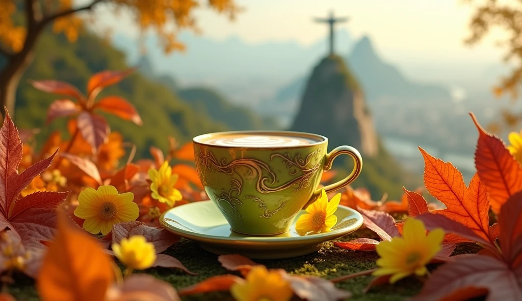 Create a realistic image of a small, yellow, green latte cup adorned with intricate Art Nouveau designs sits atop a bed of autumn leaves and yellow flowers scattered around. Rio de Janeiro, near Christ the Redeemer overlooking Rio de Janeiro city