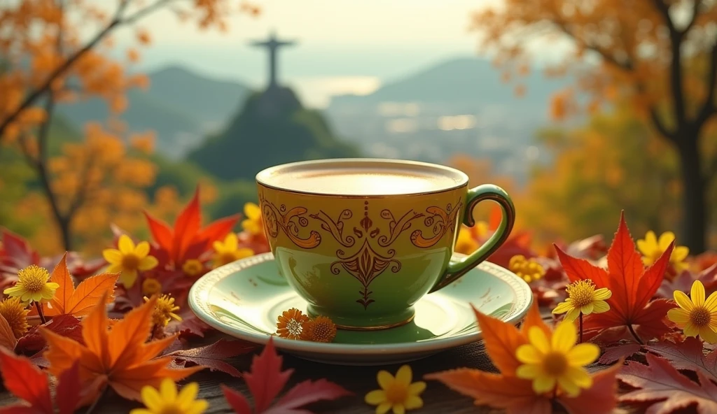 Create a realistic image of a small, yellow, green latte cup adorned with intricate Art Nouveau designs sits atop a bed of autumn leaves and yellow flowers scattered around. Rio de Janeiro, near Christ the Redeemer overlooking Rio de Janeiro city