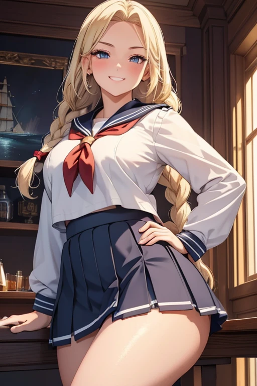 A beautiful blonde woman with three braids and deep red eyes, gazing condescendingly at the viewer with a cute grinning expression, extremely detailed, masterpiece quality, ultra-detailed, HDR, studio lighting, vivid colors, physically-based rendering, thick thighs, exective officer, (((wearing short skirt and sailor uniform))), spread legs, curvy