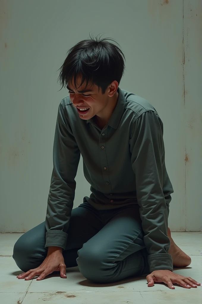 Create an image of a young man crying on his knees 
