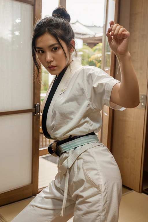 1 girl, solo, looking at viewer, black hair, hair ornament, brown eyes, outdoors, hair bun, lips, realistic, white pants, nose, tatami, sliding doors, martial arts belt, kungfu