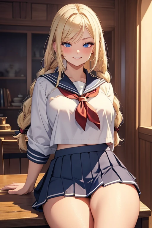 A beautiful blonde woman with three braids and deep red eyes, gazing condescendingly at the viewer with a cute grinning expression, extremely detailed, masterpiece quality, ultra-detailed, HDR, studio lighting, vivid colors, physically-based rendering, thick thighs, exective officer, (((wearing short skirt and sailor uniform))), spread legs, muscular