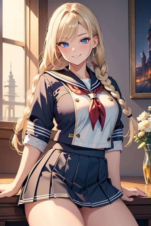 A beautiful blonde woman with three braids and deep red eyes, gazing condescendingly at the viewer with a cute grinning expression, extremely detailed, masterpiece quality, ultra-detailed, HDR, studio lighting, vivid colors, physically-based rendering, thick thighs, exective officer, (((wearing short skirt and sailor uniform))), spread legs, muscular
