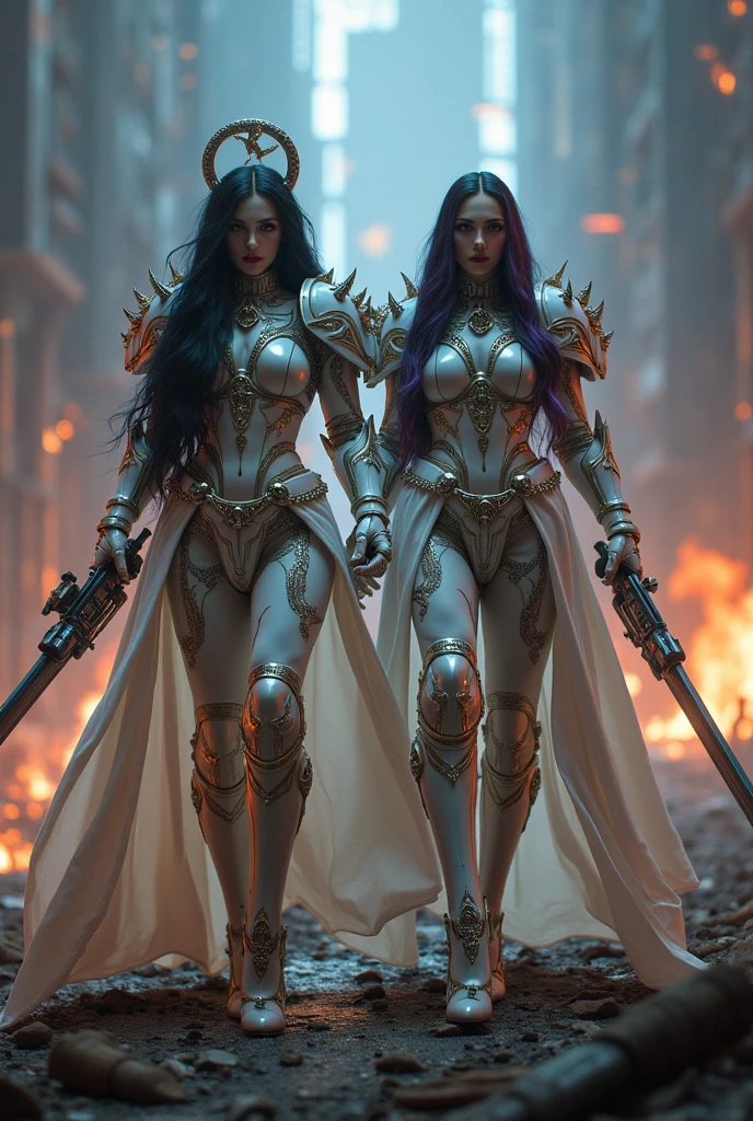 Full body pose sexy sisters of battle from the warhammer 40k, white armor with intricate details, religous symbols on the armor, sisters of battle, warhammer 40k, Massive silicone breast, pale skin, seductive, temptation, eat your soul, clevage, long flowing black hair with purple highlights, heavy gothic makeup, at night, neon, beautiful detailed eyes, beautiful detailed lips, extremely detailed eyes and face, long eyelashes, highly detailed armor, intricate futuristic weaponry, dramatic lighting, cinematic composition, muted color palette, gritty and realistic, mecha, science fiction, hyper-detailed, photorealistic, award winning digital art, 8k, HDR, masters work, in the middle of a battle field, full body combat action pose, explosions and fire around, full war, stunning, Stilleto heels, high heels, full body pose, cinematic, movie trailer, final stand!, nemesis, ready to strike, dust and debree, combat screams, attacking. shooting at the enemy, running forward, last line of defense, charging, fanatic, religious, templar knights, sisters of battle, warhammer 40k