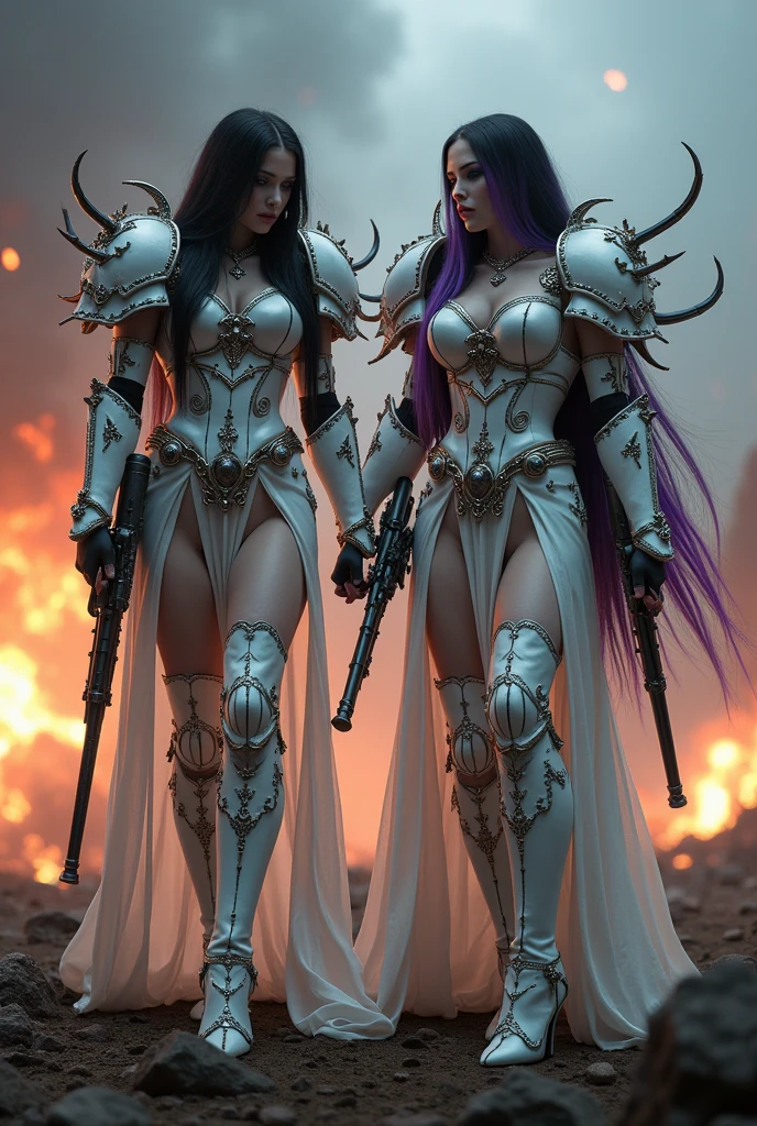 Full body pose sexy sisters of battle from the warhammer 40k, white armor with intricate details, religous symbols on the armor, sisters of battle, warhammer 40k, Massive silicone breast, pale skin, seductive, temptation, eat your soul, clevage, long flowing black hair with purple highlights, heavy gothic makeup, at night, neon, beautiful detailed eyes, beautiful detailed lips, extremely detailed eyes and face, long eyelashes, highly detailed armor, intricate futuristic weaponry, dramatic lighting, cinematic composition, muted color palette, gritty and realistic, mecha, science fiction, hyper-detailed, photorealistic, award winning digital art, 8k, HDR, masters work, in the middle of a battle field, full body combat action pose, explosions and fire around, full war, stunning, Stilleto heels, high heels, full body pose, cinematic, movie trailer, final stand!, nemesis, ready to strike, dust and debree, combat screams, attacking. shooting at the enemy, running forward, last line of defense, charging, fanatic, religious, templar knights, sisters of battle, warhammer 40k
