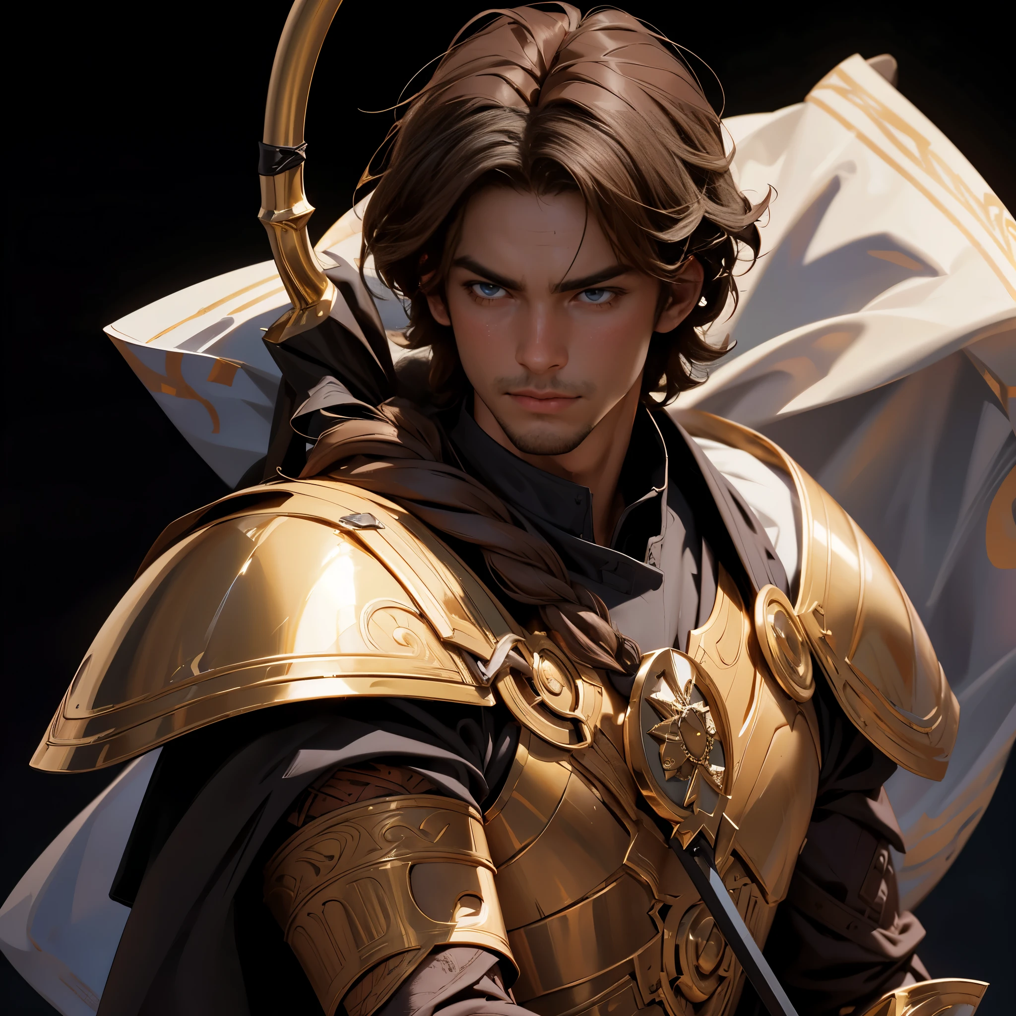 envision a 8k, highres, cinematic close up portrait of a man with a slender body, no facial hair with shaggy brown hair, and dark eyes wearing Greek god armor with a quiver, wielding a bow against a dark gray background