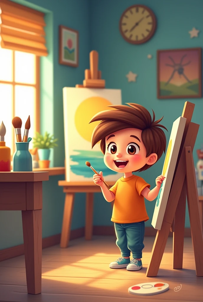 Please can you make me a cartoon of an art classroom a boy is painting while he is happy and proud In the background, You can see a finished painting with a proud signature* the boy has to be in an art classroom