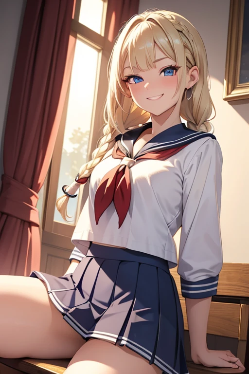 A beautiful blonde woman with three braids and deep red eyes, gazing condescendingly at the viewer with a cute grinning expression, extremely detailed, masterpiece quality, ultra-detailed, HDR, studio lighting, vivid colors, physically-based rendering, thick thighs, exective officer, (((wearing short skirt and sailor uniform))), spread legs, seductive