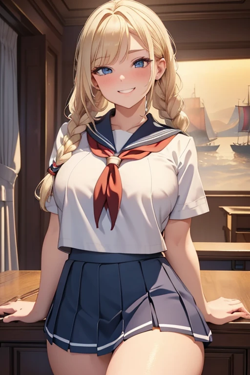 A beautiful blonde woman with three braids and deep red eyes, gazing condescendingly at the viewer with a cute grinning expression, extremely detailed, masterpiece quality, ultra-detailed, HDR, studio lighting, vivid colors, physically-based rendering, thick thighs, exective officer, (((wearing short skirt and sailor uniform))), spread legs, seductive