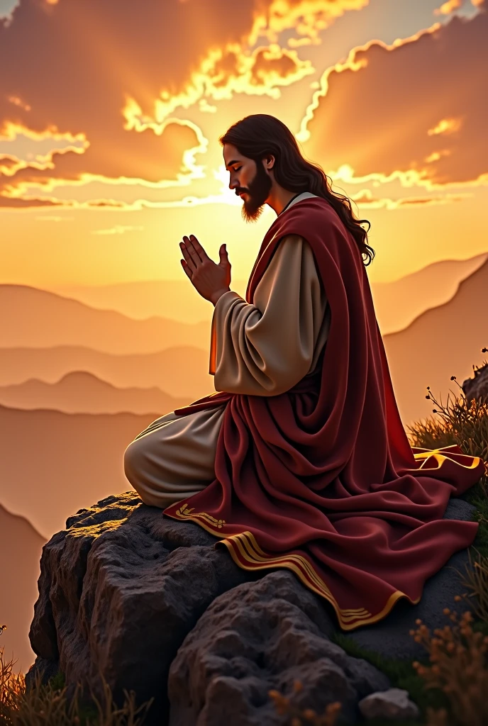 Create a realistic, detailed image of Jesus Christ praying on his knees on a mountaintop. Jesus must have his eyes closed and an expression of deep devotion and peace. He wears traditional clothing with rich details, and his posture should convey humility and reverence. The backdrop in the background is a splendid sunset, with warm, vibrant colors that blend with the sky, creating a serene and majestic atmosphere. The light from the sunset should softly illuminate the figure of Jesus, highlighting his presence and creating a halo of light around him. The surrounding environment should be natural and peaceful, with views of mountains and a sky that reflects the splendor of the evening.