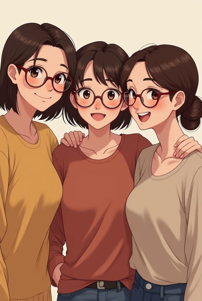 A 3 woman, with short brown hair, Round face, round face with charming smile, and light brown eyes, wears glasses and a ponytail, wearing glasses.