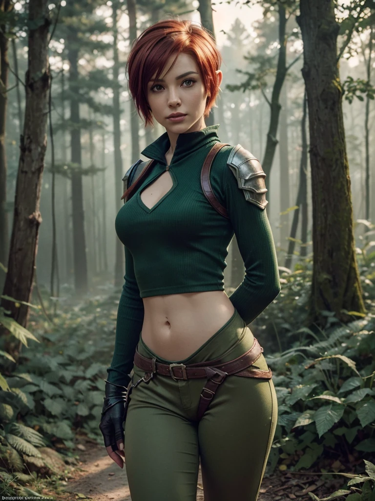 slim feminine figure, redhead, best quality, realistic skin texture, photography, film grain texture and high contrast, extremely high-resolution details, photographic, photorealistic, hyper-realistic, HDR, masterpiece, ((short pixie hair)), dressed up as a night elf hunter from world of warcraft, full green hunter armor, a green lust forest in the background, brown pants