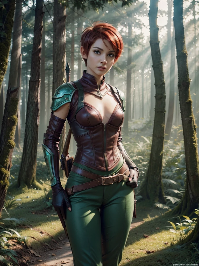 slim feminine figure, redhead, best quality, realistic skin texture, photography, film grain texture and high contrast, extremely high-resolution details, photographic, photorealistic, hyper-realistic, HDR, masterpiece, ((short pixie hair)), dressed up as a night elf hunter from world of warcraft, full green hunter armor, a green lust forest in the background, brown pants