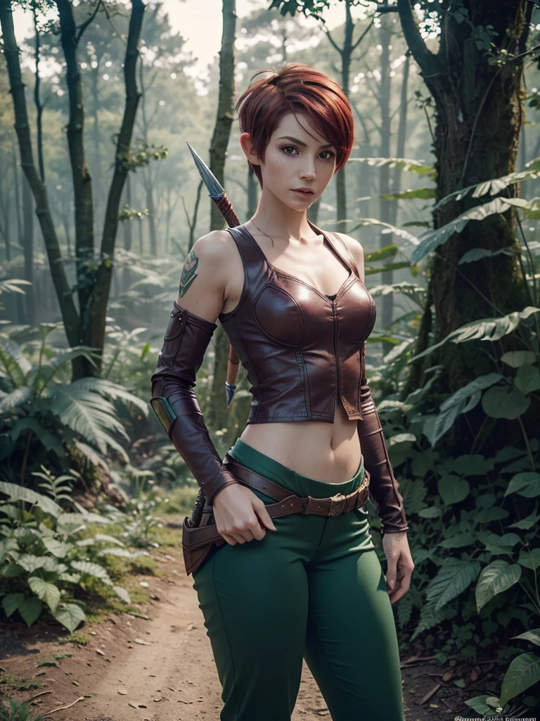 slim feminine figure, redhead, best quality, realistic skin texture, photography, film grain texture and high contrast, extremely high-resolution details, photographic, photorealistic, hyper-realistic, HDR, masterpiece, ((short pixie hair)), dressed up as a night elf hunter from world of warcraft, full green hunter armor, a green lust forest in the background, brown pants