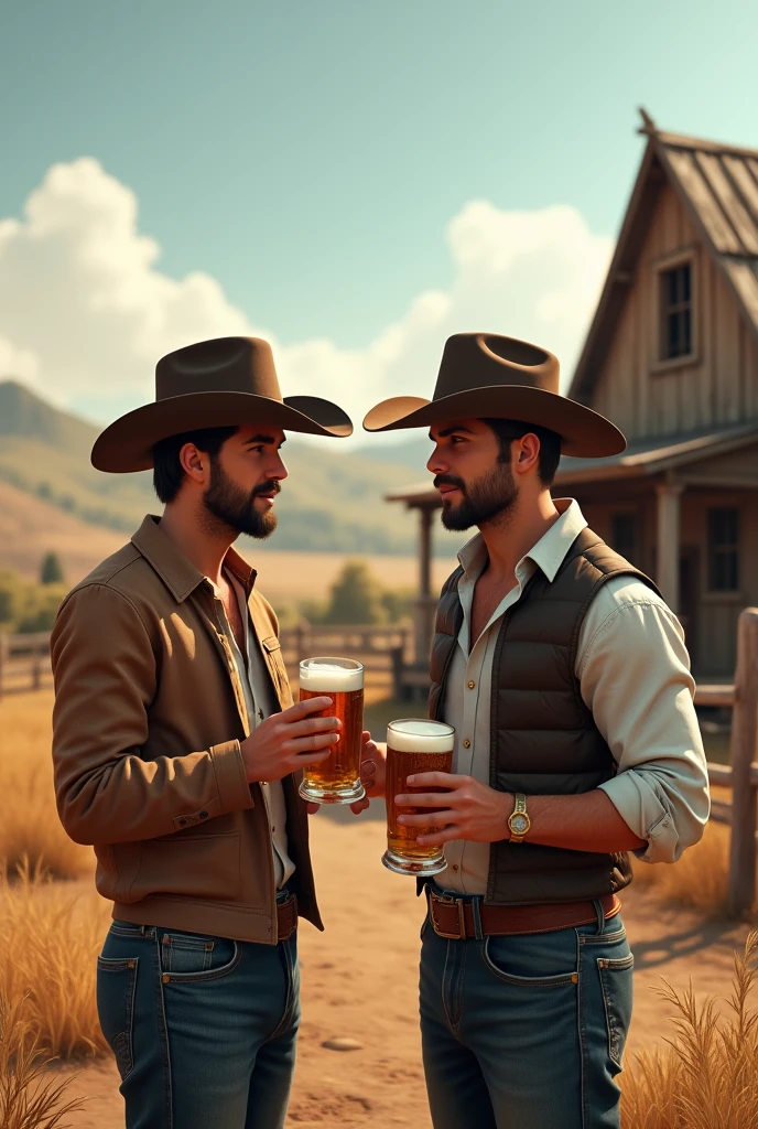 Young cute handsome beautiful 2 without beard drinking beer with a handsome man 3 on a cowboy farm