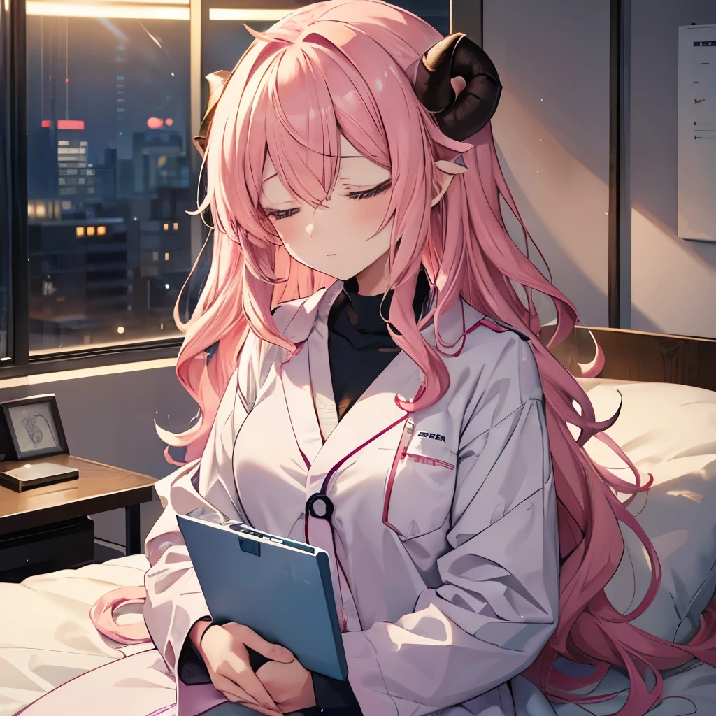 “An anime-style illustration of ‘Fua-chan’ falling asleep in bed during a night shift. Fua-chan has distinctive features: long pink hair styled in soft curls resembling sheep’s horns, and pink eyes. She is depicted lying down on a small bed or futon in a break room, still wearing her white doctor’s coat over her scrubs, with a stethoscope resting nearby. Her eyes are closed, and she has a peaceful, sleepy expression as she drifts off to sleep, exhausted from her night shift. The background shows a dimly lit room with soft lighting, creating a calm and quiet atmosphere as she takes a much-needed rest during her demanding shift.”
