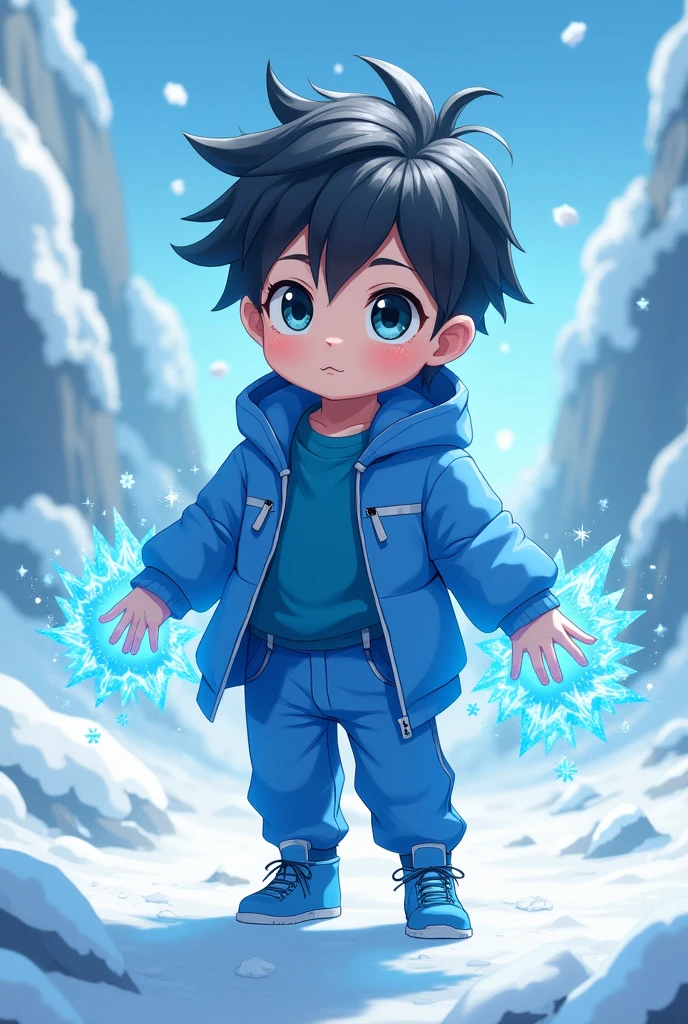A young anime boy in blue clothes with the power of ice