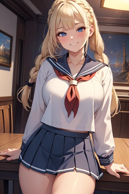 A beautiful blonde woman with three braids and deep red eyes, gazing condescendingly at the viewer with a cute grinning expression, extremely detailed, masterpiece quality, ultra-detailed, HDR, studio lighting, vivid colors, physically-based rendering, thick thighs, exective officer, (((wearing short skirt and sailor uniform))), spread legs, anmature bimbo