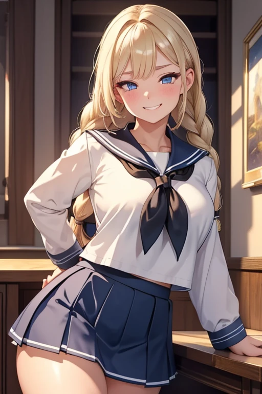 A beautiful blonde woman with three braids and deep red eyes, gazing condescendingly at the viewer with a cute grinning expression, extremely detailed, masterpiece quality, ultra-detailed, HDR, studio lighting, vivid colors, physically-based rendering, thick thighs, exective officer, (((wearing short skirt and sailor uniform))), spread legs, mature bimbo
