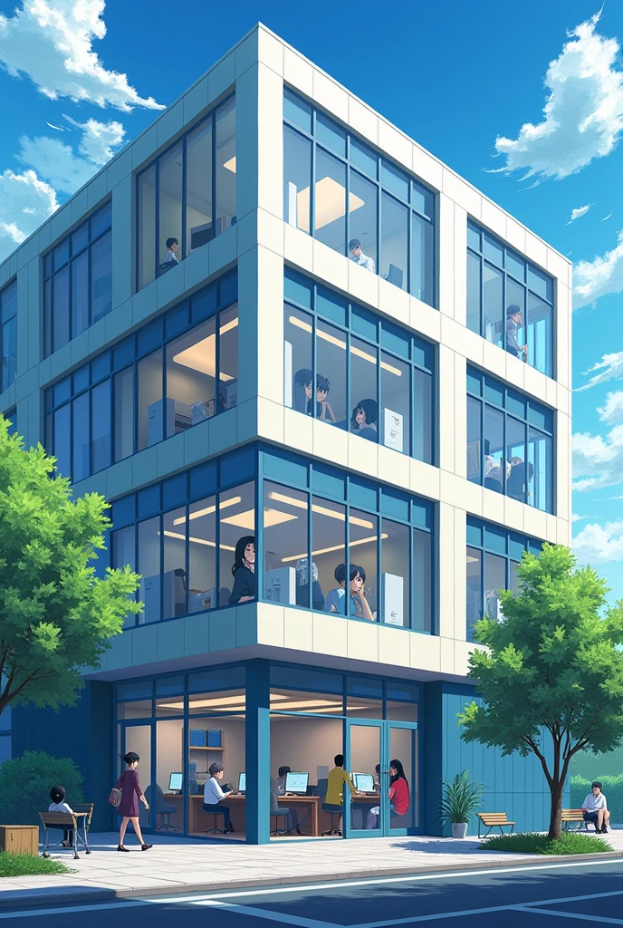 I want a drawing of a building with workers on their computers seen in 2D so that the building can be seen from the outside in its entirety and that it is done in anime style. 


