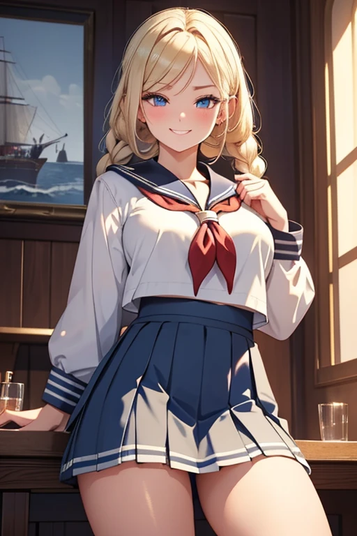 A beautiful blonde woman with three braids and deep red eyes, gazing condescendingly at the viewer with a cute grinning expression, extremely detailed, masterpiece quality, ultra-detailed, HDR, studio lighting, vivid colors, physically-based rendering, thick thighs, exective officer, (((wearing short skirt and sailor uniform))), spread legs, mature 