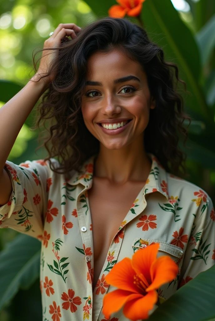 A Brazilian woman in a lush tropical garden, wearing an open shirt with a floral print, with a close-up capturing the harmonious beauty between her breasts and the natural flowers, showing off your natural charm and outgoing personality.