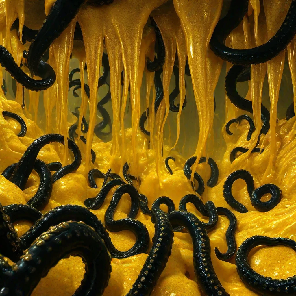 (masterpiece, best quality:1.2), blacktentgs, Close view. A picture of a place filled with fat extensive big vivid rubber clear black detailed tentacles crowling over a big golden slime hole. (The slime looks like perfect rubber golden with glitter.)+++, The big intense vivid rubber clear black detailed tentacles are meandering through big vivid rubber golden slime. Vivid rubber golden slime everywhere. (The tentacle tips are hard thick.)+, There is nothing but intense vivid rubber clear black detailed tentacles and golden rubber slime. Big rubber clear black detailed tentacles are coming from the ceiling, too. The big vivid rubber golden slime is rolling like waves with big bubbles. Big vivid rubber clear black tentacles are surrounding the scene. The big intense vivid rubber clear black detailed tentacles are gigantic. Vivid rubber golden slime makes big bulges and hills. Streams of big vivid rubber golden slime are falling from the ceiling."
