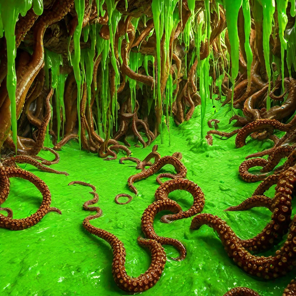 (masterpiece, best quality:1.2), woodententgs, "Close view. A picture of a place filled with fat extensive big vivid arid brown wooden detailed tentacles crowling through a big intense green slime storm. (The slime looks like perfect intense green with glitter.)+++, The big intense vivid arid brown wooden detailed tentacles are meandering through big vivid intense green slime. Vivid intense green slime everywhere. (The tentacle tips are hard thick.)+, There is nothing but intense vivid arid brown wooden detailed tentacles and intense green slime. Big arid brown wooden detailed tentacles are coming from the ceiling, too. The big vivid intense green slime is rolling like waves with big bubbles. Big vivid arid brown wooden tentacles are surrounding the scene. The big intense vivid arid brown wooden detailed tentacles are gigantic. Vivid intense green slime makes big bulges and hills. Streams of big vivid intense green slime are falling from the ceiling."