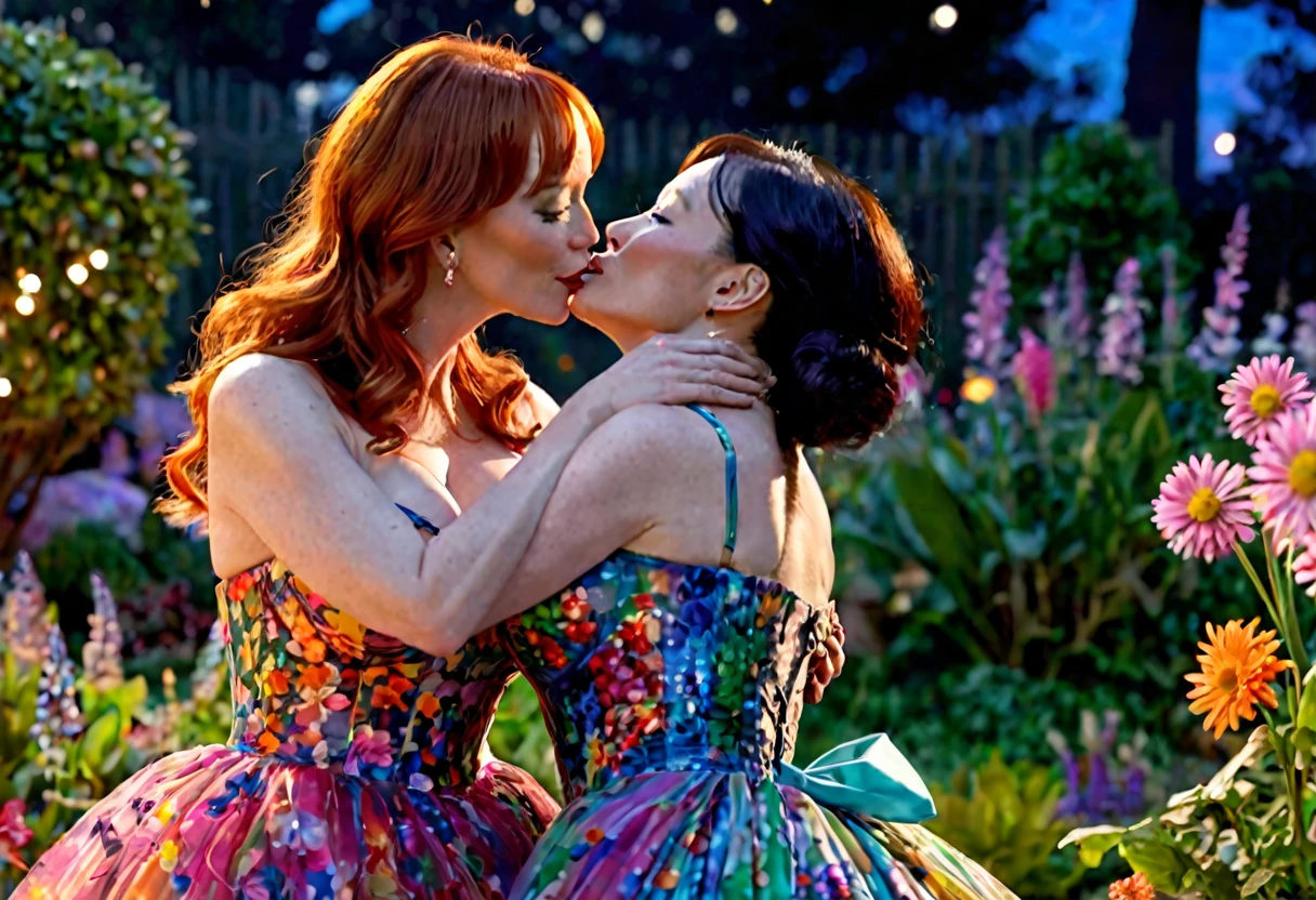 a detailed photo of Christina Rene Hendricks in a sheer colorful gown without underwear, is making out (kissing, hugging, touching, caressing, flirting) with Lucy Liu in a sheer colorful gown no underwear in a candy land garden in full bloom on a moonlit night, inviting viewer to join them, mainly viewed from low angle to the side, best quality,4k,8k,highres,masterpiece:1.2,ultra-detailed,realistic,photo-realistic:1.37,HDR,UHD,studio lighting,ultra-fine painting,sharp focus,physically-based rendering,extreme detail description,professional,vivid colors,bokeh,portrait