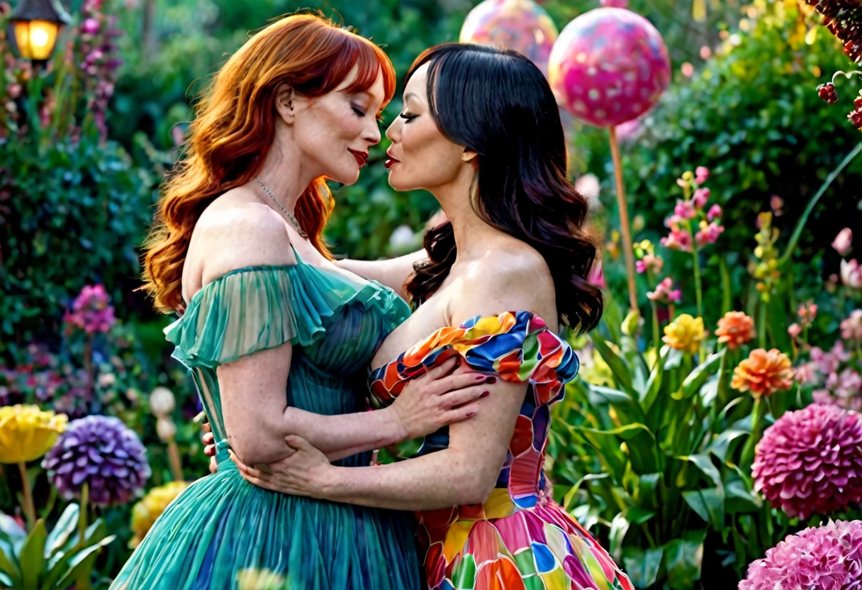 a detailed photo of Christina Rene Hendricks in a sheer colorful gown without underwear, is making out (kissing, hugging, touching, caressing, flirting) with Lucy Liu in a sheer colorful gown no underwear in a candy land garden in full bloom on a moonlit night, inviting viewer to join them, mainly viewed from low angle to the side, best quality,4k,8k,highres,masterpiece:1.2,ultra-detailed,realistic,photo-realistic:1.37,HDR,UHD,studio lighting,ultra-fine painting,sharp focus,physically-based rendering,extreme detail description,professional,vivid colors,bokeh,portrait
