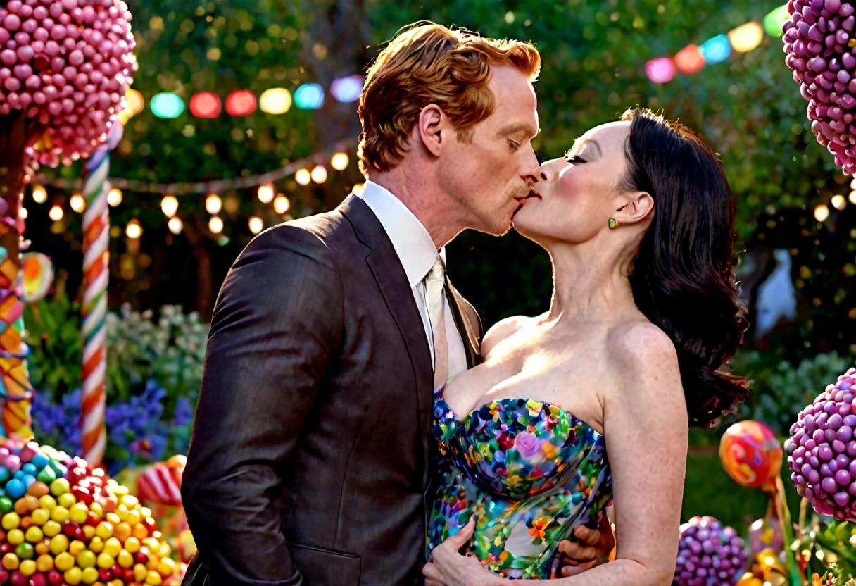 a detailed photo of Christina Rene Hendricks in a sheer colorful gown without underwear, is making out (kissing, hugging, touching, caressing, flirting) with Lucy Liu in a sheer colorful gown no underwear in a candy land garden in full bloom on a moonlit night, inviting viewer to join them, mainly viewed from low angle to the side, best quality,4k,8k,highres,masterpiece:1.2,ultra-detailed,realistic,photo-realistic:1.37,HDR,UHD,studio lighting,ultra-fine painting,sharp focus,physically-based rendering,extreme detail description,professional,vivid colors,bokeh,portrait