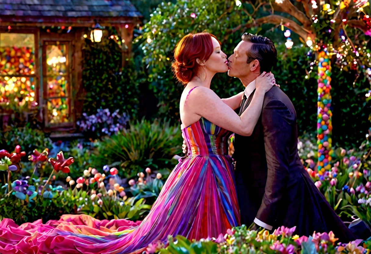 a detailed photo of Christina Rene Hendricks in a sheer colorful gown without underwear, is making out (kissing, hugging, touching, caressing, flirting) with Lucy Liu in a sheer colorful gown no underwear in a candy land garden in full bloom on a moonlit night, inviting viewer to join them, mainly viewed from low angle to the side, best quality,4k,8k,highres,masterpiece:1.2,ultra-detailed,realistic,photo-realistic:1.37,HDR,UHD,studio lighting,ultra-fine painting,sharp focus,physically-based rendering,extreme detail description,professional,vivid colors,bokeh,portrait
