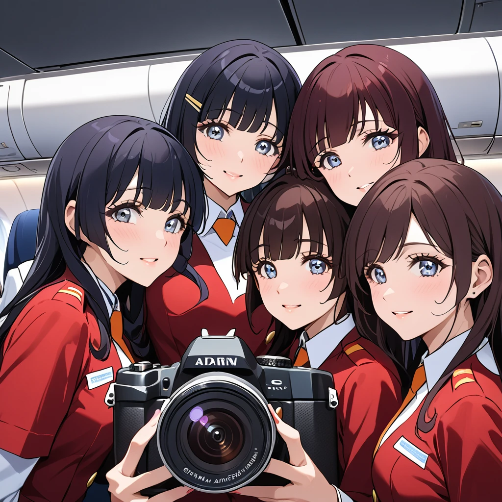 ((Highest quality)), ((masterpiece)), (detailed), （Perfect Face）、The woman is Reika Aoki with semi-long hair、The woman is a flight attendant for a Chinese airline.、Five flight attendants in red uniforms taking a photo