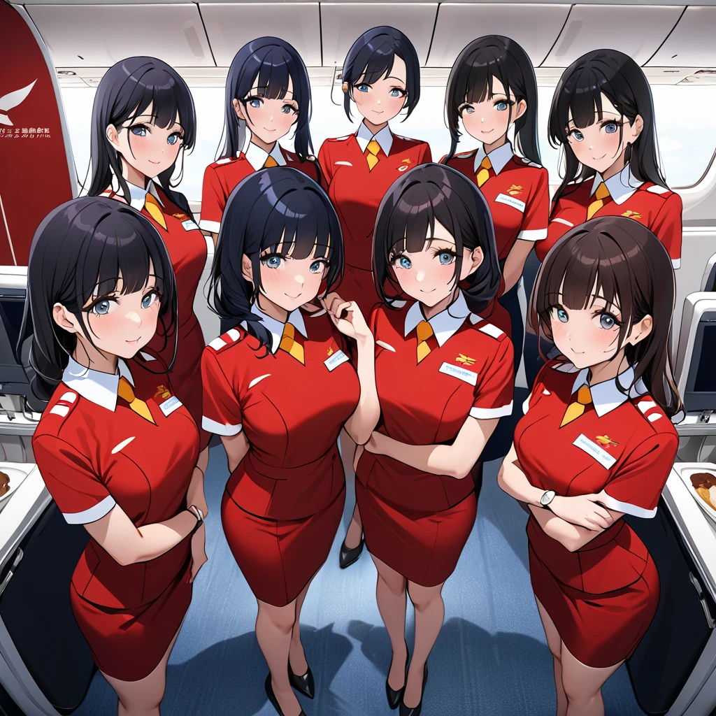 ((Highest quality)), ((masterpiece)), (detailed), (Perfect Face)、The woman is Reika Aoki with semi-long hair、The woman is a flight attendant for a Chinese airline.、Five flight attendants in red uniforms taking a photo