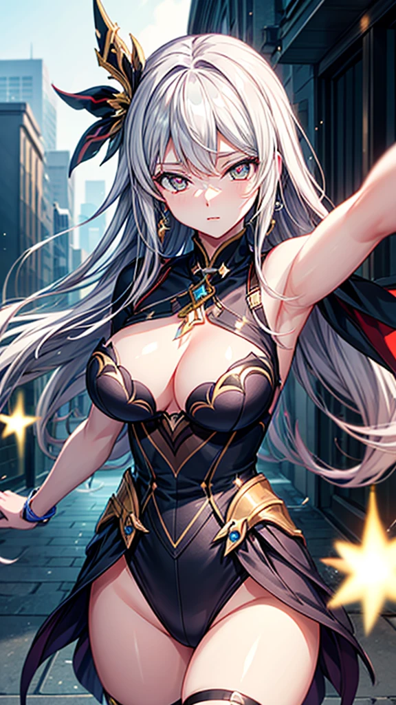 masterpiece, High resolution, accurate, Anatomically correct, most high quality, Very detailed, high quality, Ultra high definition, Big Tits Earrings, Sparkling eyes, Cowboy Shot, moving line, Speed Line, Mage,sexy pose,(((honkai impact))),master of thunder