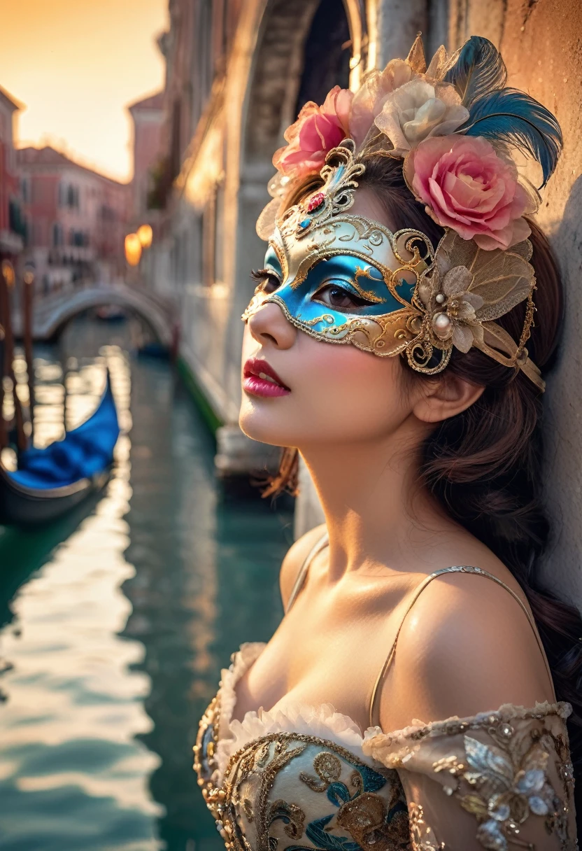 ((masterpiece)), ((highly detailed)), ((high resolution)), ((photorealism)), capture the spellbinding allure of [Venice], with its romantic [canals], vibrant festivals, and historical [Venetian masks[, 1girl, mistress, brunette updo, tsundere attitude, yandere stare, dramatic gorgeous face, full glossy lips, prefect detailed eyes, delicate jawline, shapely body, naturally perky breasts, sensuous curves, beautiful young woman [wearing an elaborate Venetian mask], luxurious masquerade gown, vibrant colors, romantic and mysterious atmosphere, Venice Carnivale, festive, celebratory, standing on a bridge overlooking the canal, close up side profile, dramatic lighting, HDR+
