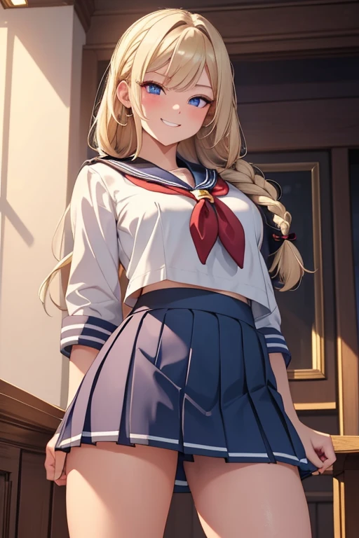 A beautiful blonde woman with three braids and deep red eyes, gazing condescendingly at the viewer with a cute grinning expression, extremely detailed, masterpiece quality, ultra-detailed, HDR, studio lighting, vivid colors, physically-based rendering, thick thighs, exective officer, (((wearing short skirt and sailor uniform))), spread legs, anmature bimbo